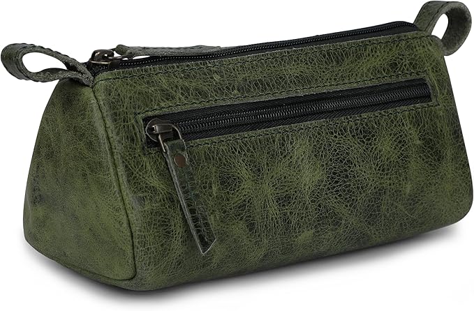 Leather Makeup Bag for Women – Genuine Leather Cosmetic Bag Travel, Handmade Zippered Makeup Pouch, Small Toiletry Bag, Shaving Kit & Stationery Organizer- Forest Green