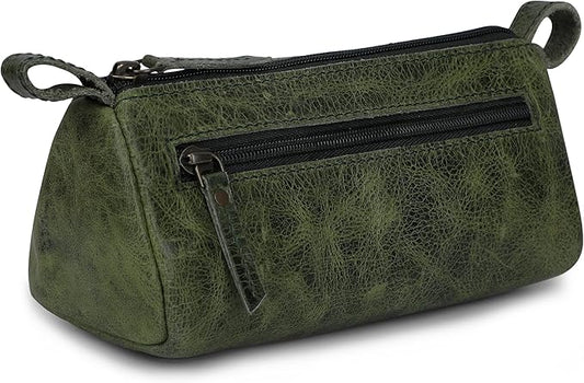 Leather Makeup Bag for Women – Genuine Leather Cosmetic Bag Travel, Handmade Zippered Makeup Pouch, Small Toiletry Bag, Shaving Kit & Stationery Organizer- Forest Green