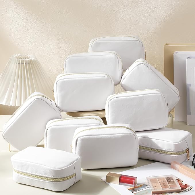 Sweetude 10 Pcs Makeup Bag Bulk for Women Preppy Gift PU Leather Cosmetic Bag Small Skincare Toiletry Pouch Mother Travel Cosmetic Pouch for Bridesmaid Bride Wedding Gift Favors (White)