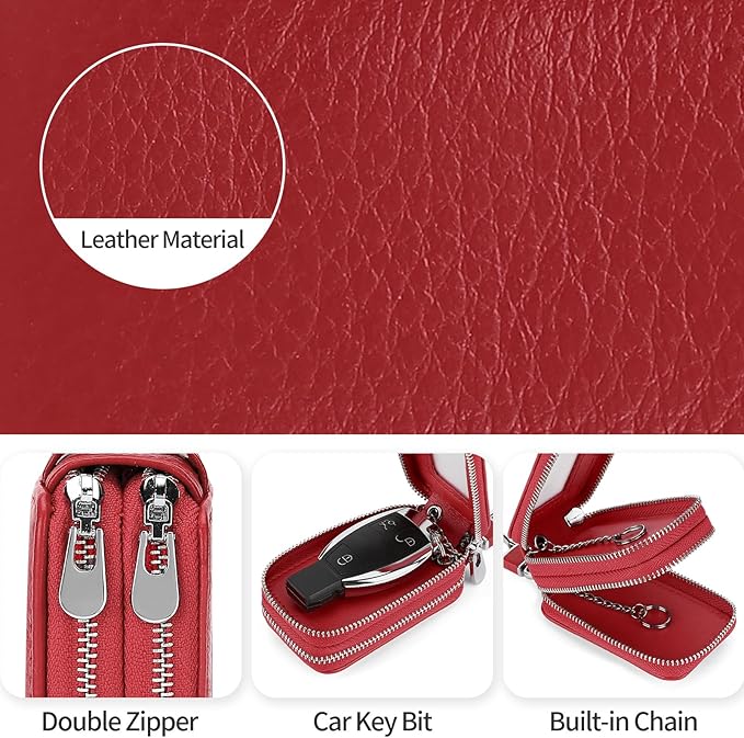 SENDEFN Car Key Fob Case Double Zipper Leather Smart Remote Keychain Protector Holder with Transparent Window