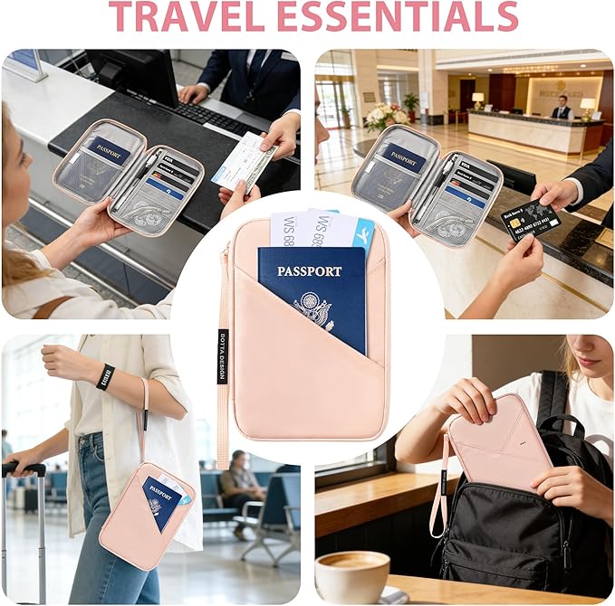 Veki Passport Holder for Travel Women Family, Passport Wallet Bag, RFID Travel Document Organizer, Waterproof Passport Holder for Men, Portable Case for Cards, Cash, Tickets, ID (Pink, M)
