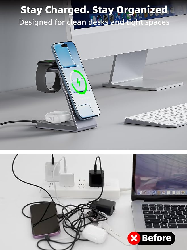 Wireless Charging Station for Apple Magsafe Charger Stand,3 in 1 Qi2 Certified 15W Fast Magnetic Wireless Charger Station for iPhone 17 Air 16 15 14 13 12 Series,Airpods Pro,Apple Watch Ultra
