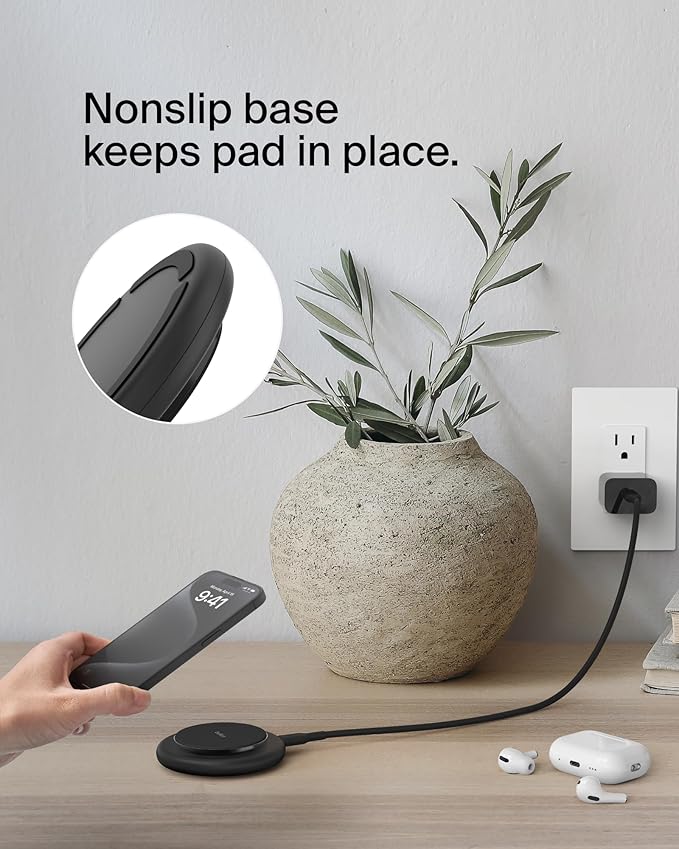 Belkin Magnetic Wireless Charging Pad 15W - MagSafe-Compatible Qi2-Certified Wireless Charger for iPhone 16 Series, Samsung Galaxy S25, AirPods, & More w/Non-Slip Base, Power Supply Included - Black