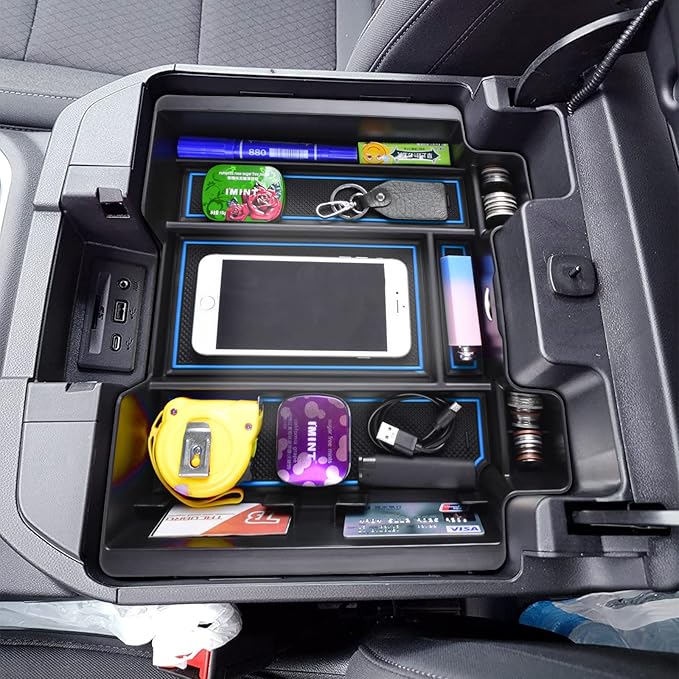 TACOBRO [Full-Coverage Center Console Organizer Compatible with 2019-2022 Chevy Silverado 1500/GMC Sierra 1500 and 2020-2023 Silverado/Sierra 2500/3500HD Accessories, Armrest Insert Tray, Blue