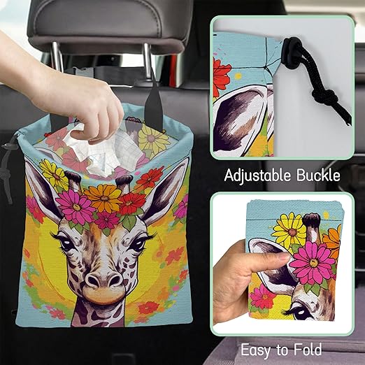 Cute Giraffe Car Garbage Bag,Splash Floral Waterproof Small Car Trash Bag Hanging Back of Seat,Drawstring Hanging Car Trash Bag with Adjustable Buckle for Car Accessories