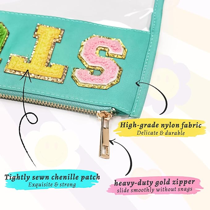 Preppy Patch Stuff Bag for Travel, 2 PCS Chenille Letter Clear Sunscreen Bag, PU Waterproof Beach Snack Makeup Cosmetic Bag Pouch, Gift for Women Girls