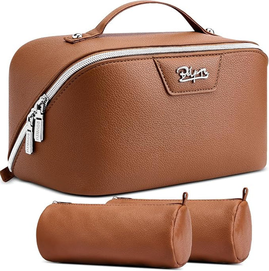 BOYATU Travel Makeup Bag Cosmetic Bags for Women: Large Capacity 3 Pcs Set Make up Bag with Compartments - Waterproof Vegan Leather Toiletry Organizer Bags with Handle (L25Brown)