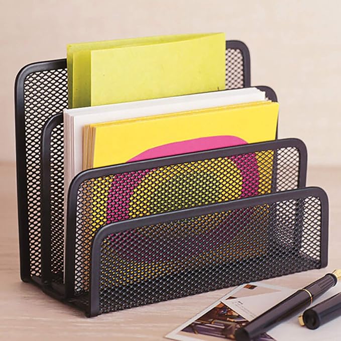 VANRA 2 Small Letter Sorters Desktop Envelopes Holder Organizer Metal Mesh with 3 Vertical Upright Compartments (2 Black)