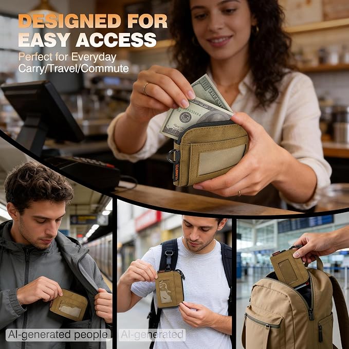 Coin Purse for Men, RFID Blocking 500D Nylon Small Wallet with Key Clip, Slim Front Pocket Card Holder, Zipper Coin Pouch & ID Window Organizer for Cards, Cash