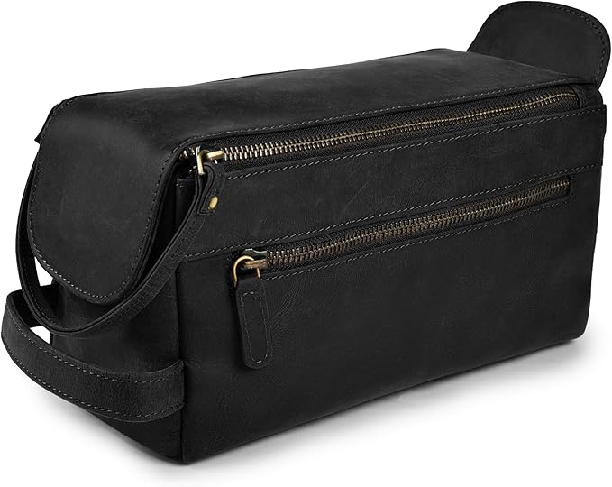 LEATHER VILLAGE Genuine Leather Travel Toiletry Bag - Water-Resistant Dopp Kit for Toiletries, Large Shaving Bag & Bathroom Organizer - Gift for Men & Women - Distressed Black