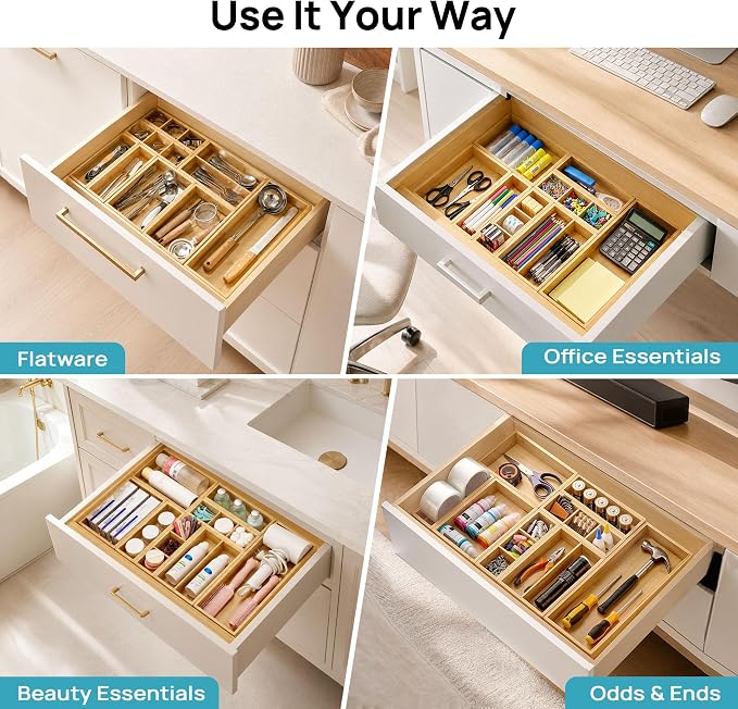 Vtopmart Bamboo Drawer Organizer Boxes - Set of 7 Multi-purpose Wooden Storage Dividers for Kitchen, Bathroom, Office, Desk, Makeup, Jewelry & More, Non-Slip Junk Drawer Organizer Trays for Storage