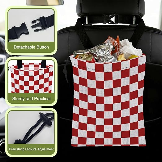 Car Garbage Bag Red White Checkered Drawstring Car Trash Bag Hanging for Back Seat with Adjustable Buckle Canvas Vehicle Trash Can Easy-to-Install for Car Accessories Vehicle Travelling Camping