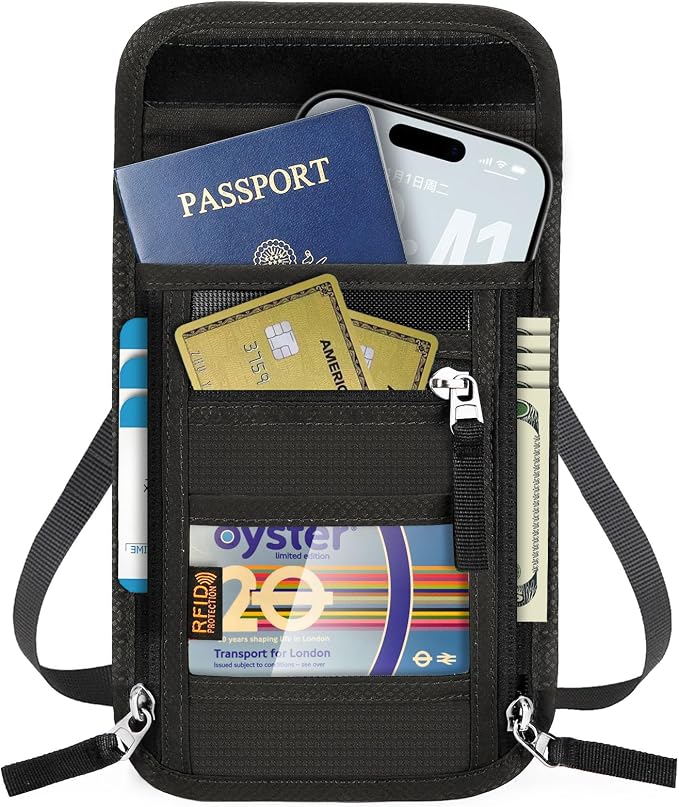 Travel Neck Wallet with RFID Blocking & Passport Holder - Large Capacity Hidden Pouch for Phone, Cash, Cards, ID | Slim Fit, Anti-Theft Organizer for Airports, Sightseeing