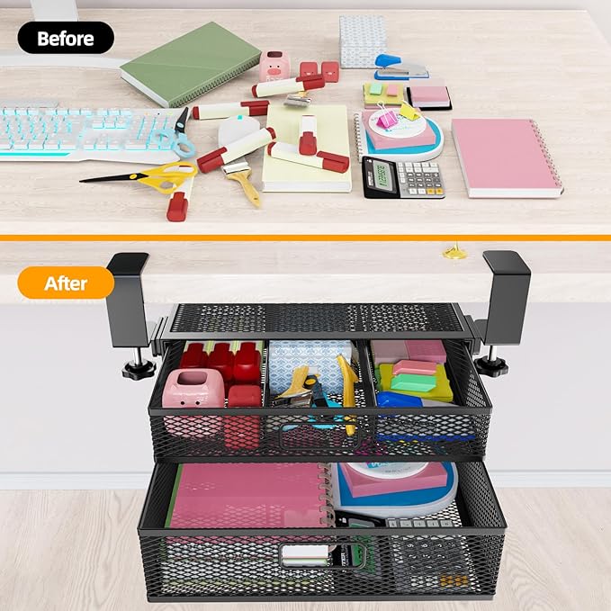 Under Desk Drawer Organizer No Drilling Under Desk Storage Drawer Organizer Metal Under Desk Drawer Suitable for Home and Office(13 Inch)