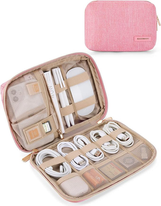 BAGSMART Electronics and Cable Organizer Travel Case for Phone, SD Card, Accessories Pink, Compact Tech Storage Bag