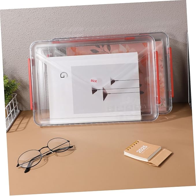 2pcs Clear Plastic File Storage Boxes with Lid and Handle Stackable Desktop Organizer for Documents Crafts and Office Supplies Portable Transparent Storage