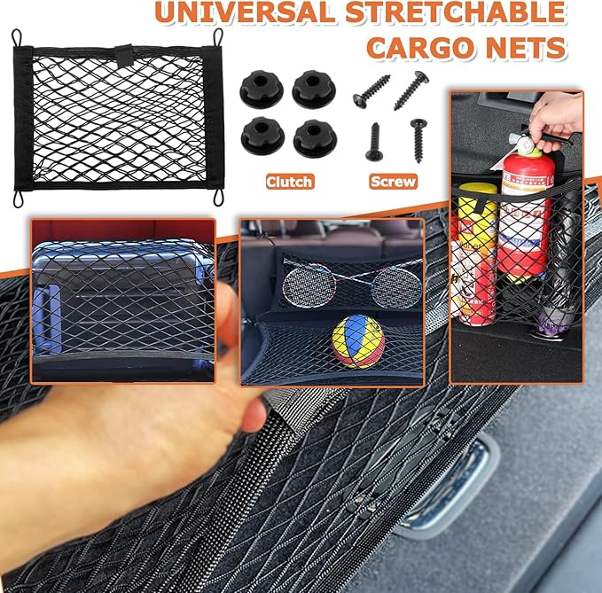 13.8'' x 9.8'' Universal Elastic Cargo Net Pocket with Screws & Hooks for Trunk RV Boats Home Cargo Storage – Keeps Items Secure & Organized(2 Pack)