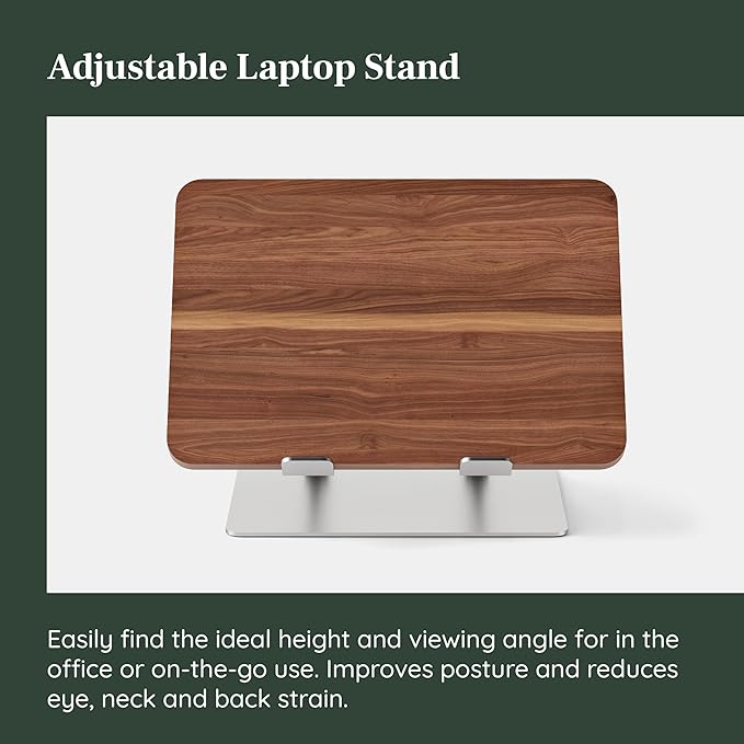 Branch Adjustable Laptop Stand - Portable Wooden Laptop Riser with Customizable Height & Angle - Foldable - Secure Silicon Grips for Home or Office - Walnut