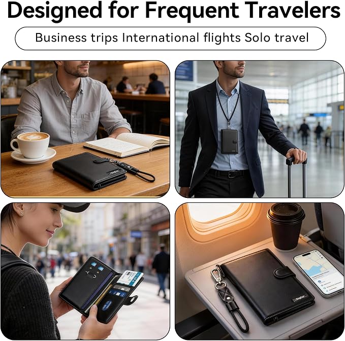 Passport Holder for Travel, RFID Blocking Card Wallet, Apple MFi Certified Smart Passport Cover Works with Find My, Rechargeable Travel Wallet with Lanyard, PU Leather, Black