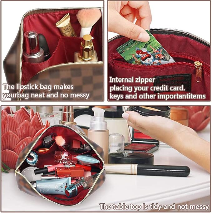 BAGCRAZY Checkered Makeup Bag Set, Elegant Travel Cosmetic Bag 2 Pack, Waterproof PU Leather Makeup Organizer with Zipper for Women
