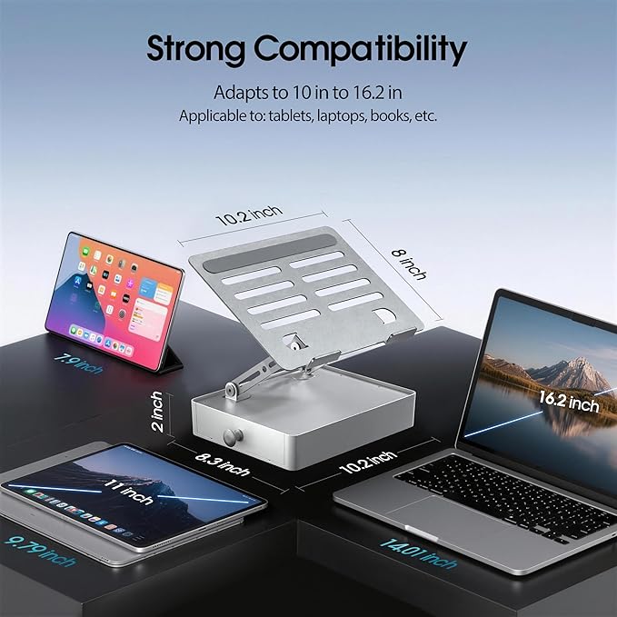 Laptop Stand with Storage Drawer, Heavy-Duty Metal Laptop Riser for Desk, Ergonomic Height & Angle Adjustment for 10–16.2″ Laptops, Silver