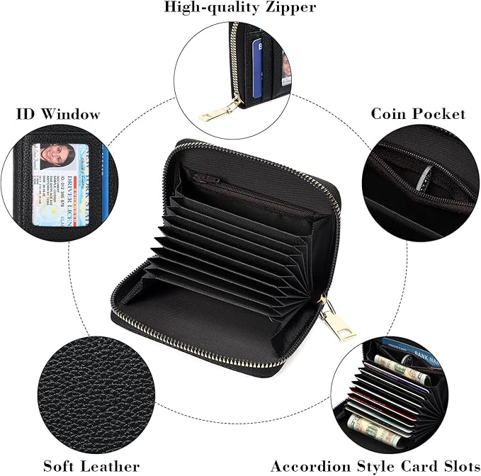 GAEKEAO Wallet Women RFID Blocking Leather Small Compact Zip-Around Credit Card Holder with ID Window & Zipper Pocket