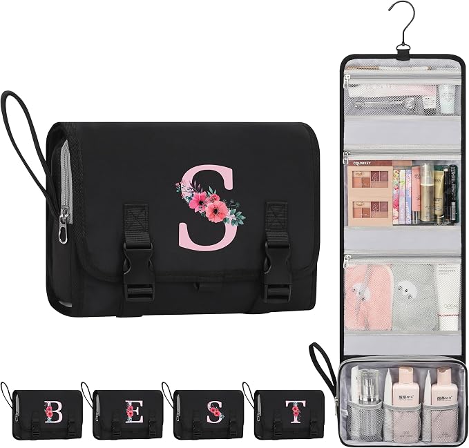 Relavel Travel Hanging Toiletry Bag for Women - Initial Makeup Toiletries Organizer with Compartments, Personalized Cosmetic Bags with Hanging Hook for Airplane Travel Essentials - Black S