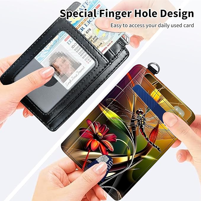 Slim Minimalist Front Pocket Wallet,Credit Card Holder Wallet for Women Men,RFID Blocking Credit Card Holder Case Leather Cute Small Thin Wallet ID Window&Wrist Strap,Dragonfly Plant