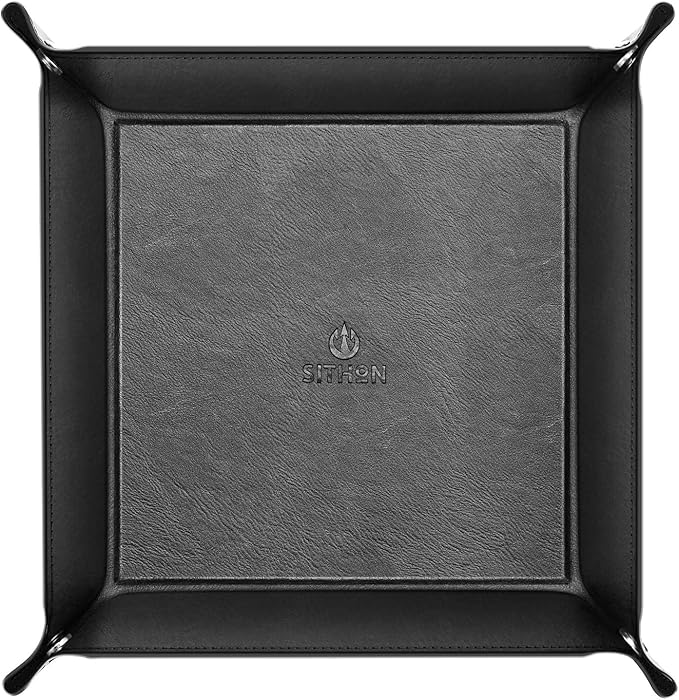 SITHON Valet Tray Desktop Storage Organizer - Multi-Use PU Leather Catchall Tray Bedside Nightstand Caddy Dice Holder for Keys, Phone, Wallet, Coin, Jewelry, Traveling and More, Black