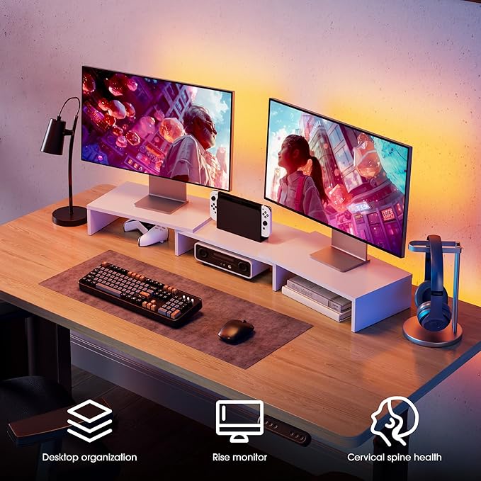 FITUEYES Dual Monitor Stand – 3 Shelf Computer Monitor Riser, Wood Desktop Stand with Adjustable Length and Angle, Desk Accessories, Office Supplies Medium White, DT108008WW