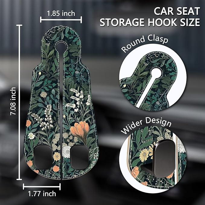 Blusabaca 2PCS Car Hooks for Purses Bags, Weeds Floral Flowers Wildflowers Plants Seat Back Storage Headrest Holder Hanger PU Leather Double Backseat Organizer, Women Car Accessories Organization