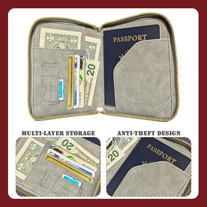 Passport Holder with Tether and Clip to Prevent Loss and Theft, Rfid Passport Holder for Travel, Passport Cover Wallet, Passport Case for Men and Women (Gray - Tether and Clip)