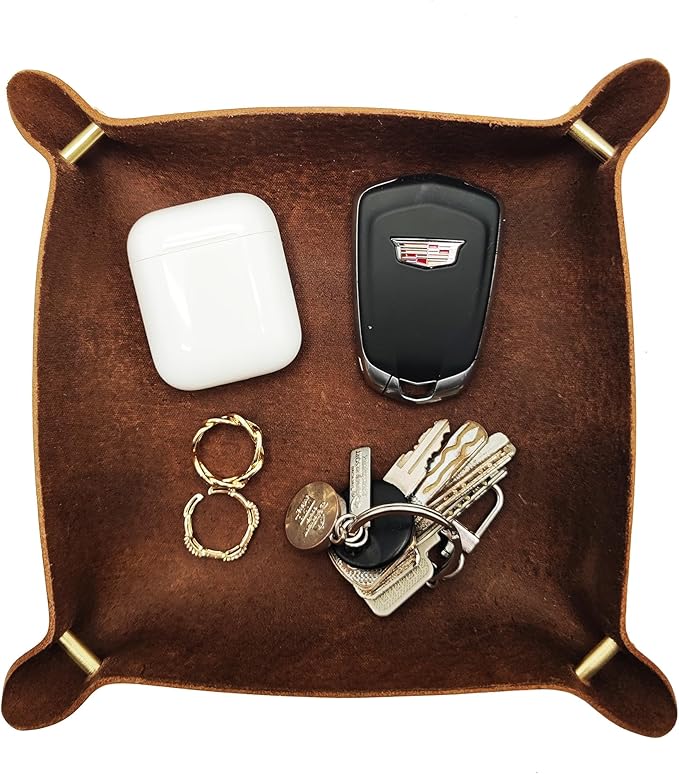 Leather Valet Tray Entryway Catchcall Tray Nightstand Organizer Storage for Wallets Watches Keys Holder Dish Bowl Coins Office Desk Accessory (Antique Brown-Oil Wax Leather).