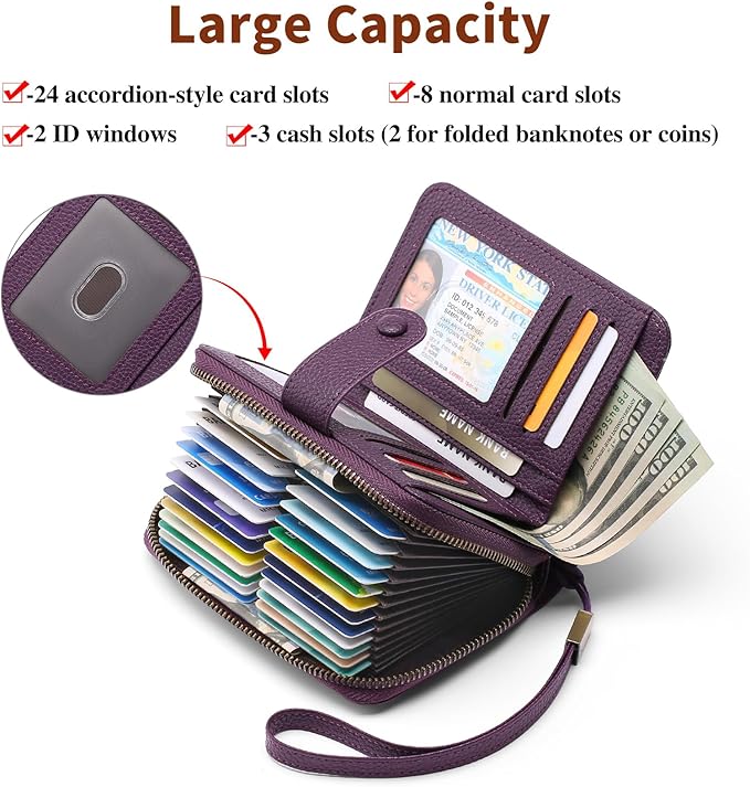 GAEKEAO Leather Credit Card Holder Wallet for Women RFID Blocking Large Capacity Bifold Zipper Card Case Organizer with Wristlet 32 Slots