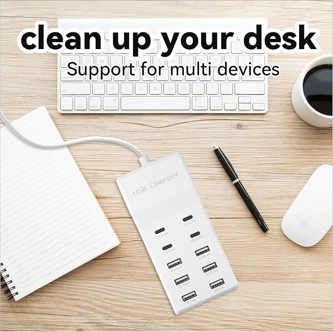 USB Charging Station with 6 USB-A and 4 USB-C Ports, 50W 10A USB Charger Block for Smart Phone, Tablet, Laptop, Multiple Devices - USB Power Strip with Auto-Detect Technology