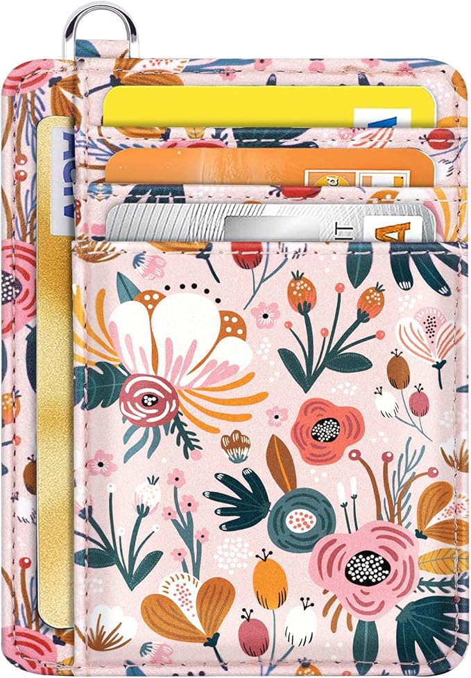 Coco Rossi Slim Front Pocket Wallet RFID ID Card Holder Cute Small Wallet with Keychian for Women, Pink Flowers