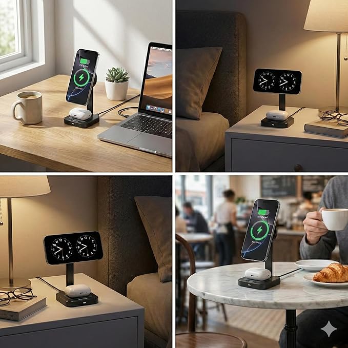 Esoulk 2 in 1 Magnetic Wireless Charging Station, Foldable Charger Stand for iPhone 17/16/15/14, AirPods Charging Pad, Travel Compact 15W Fast Wireless Charger