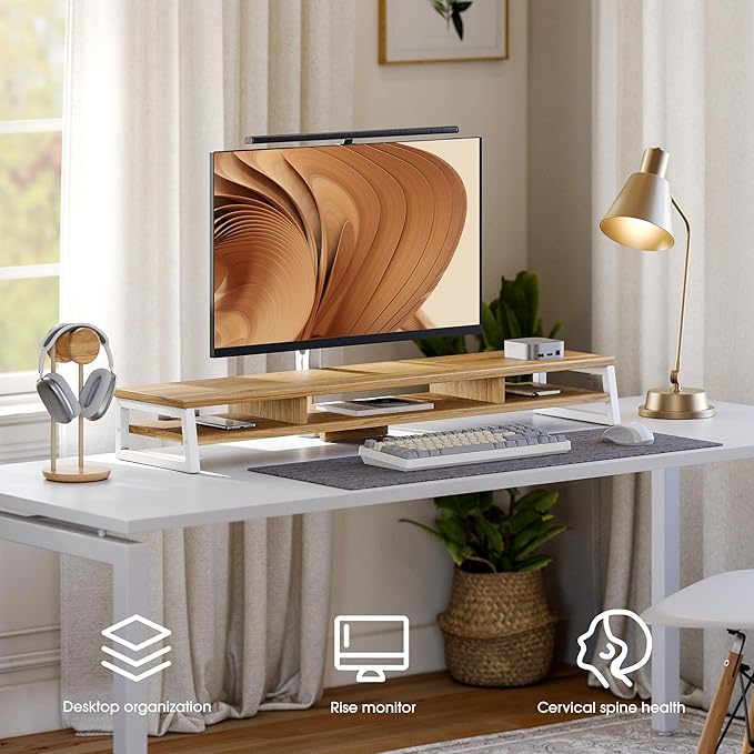 Fenge Dual Monitor Stand for Desk, 42.5in Large Monitor Riser for 2 Monitors, 2 Tier Computer Office Desk Top Shelf, Desktop Storage Stand for Laptop, PC, Computer, Printer