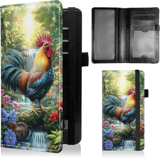 Check Book Cover for Personal Checkbook with Duplicate Checks for Women's & Men PU Leather Wallets Check Book Holder with Pen Card Slots Elastic Strap, Rooster In The Flowers