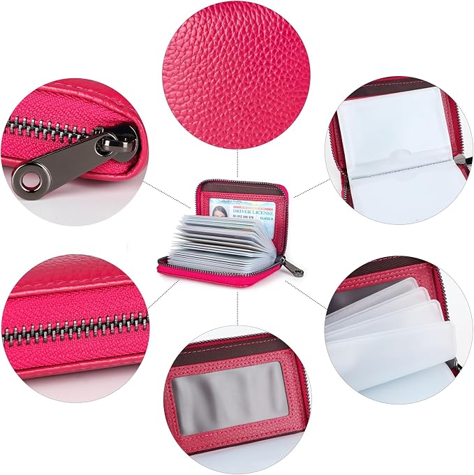 Suweibuke Genuine Leather Credit Card Holder Zipper Wallet RFID Blocking Secure Card Case ID Case Organizer (Rose Red)