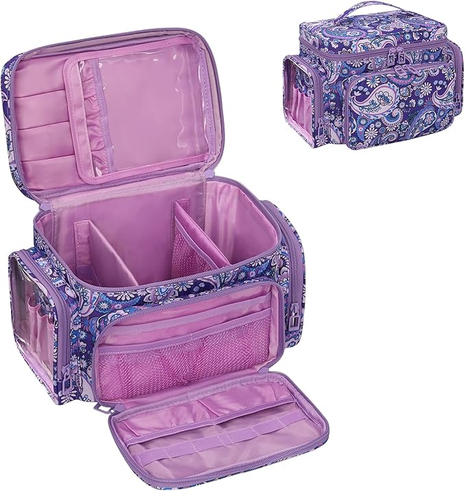 Bagmoly Large Makeup Bag, Portable Travel Makeup Bag Organizer for Women Girls with Makeup Brush Compartment & Two Side Pockets, Cosmetic Travel Bag Vertical Storage Toiletry - Purple