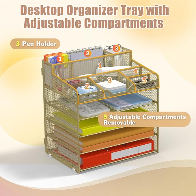 Docnest 5 Tier Mesh Desk Organizer for Paper Office Supplies – Multi-Functional Letter Tray with 5 Adjustable Compartments, 3 Pen Holders, Desktop Storage for Files, Mail, Stationery – Gold