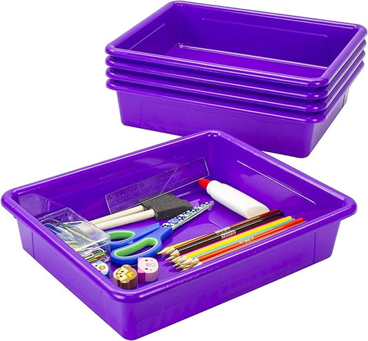 Storex Letter Size Flat Storage Tray – Organizer Bin for Classroom, Office and Home, Violet, 5-Pack (62521A05C), 10 x 13 x 3 Inches