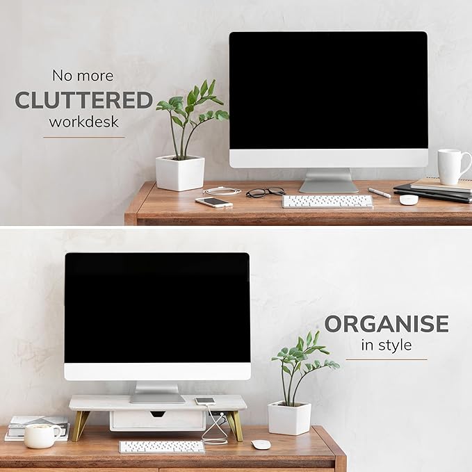 Anji Mountain Monitor Stand - Desktop Organizer & Laptop Riser, Ergonomic Monitor Riser, Space-Saving Monitor Stand for Desk, Durable Construction, Easy Assembly, Ideal for Home & Office,White Wash