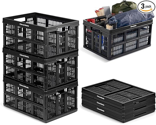 CleverMade Collapsible Utility Crates, Obsidian, 3 Pack, 45L/11 Gal, 66 lbs Capacity, Stackable Containers, Heavy Duty, Space-Saving Baskets,Polypropylene (PP)