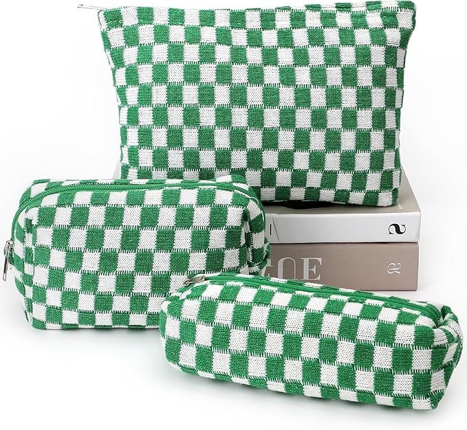 3 Pcs Makeup Bag Cosmetic Bag Set for Girls Women Checkered Travel Organizer Bathroom Toiletry Pouch Large Capacity Storage Bag(Green-White)