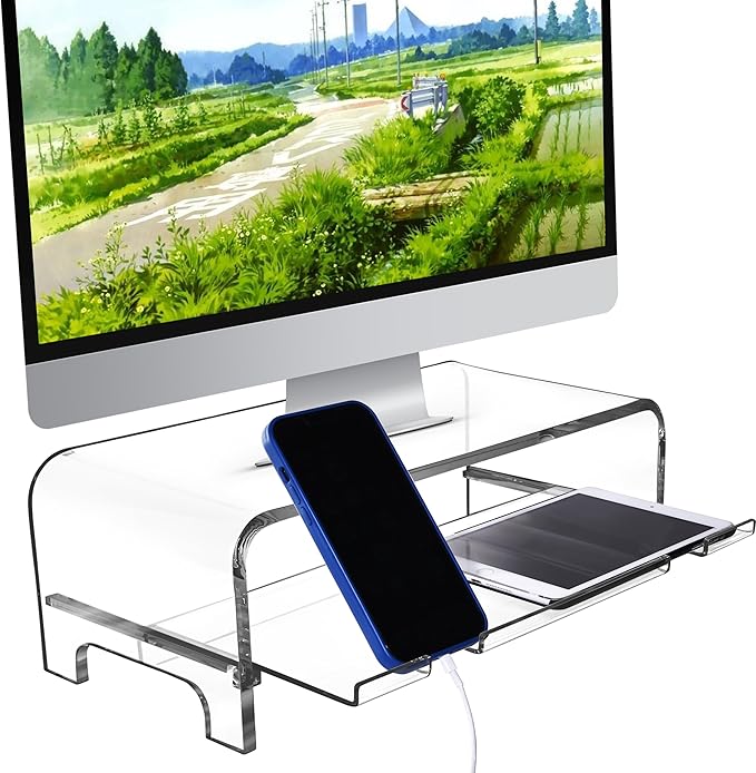 AMT 2 Tier 5.7 Inch High Acrylic Laptop Monitor Stand & Computer Riser with Cat Keyboard Protector, Space-Saving Design, Extra Storage, Clear Shelf - Ideal for Monitors, Laptops, Printers, Desktop