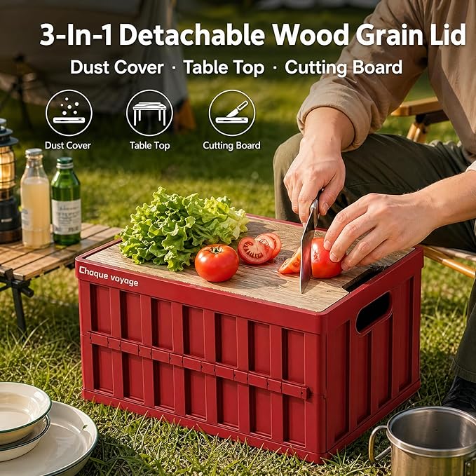 CTESNE【3-in-1 Wooden Lid 50L Storage Bins with Lids and Handle，Portable Foldable Storage Box ，Plastic Stackable Storage Bins for Camp Car RV, Office (Red)