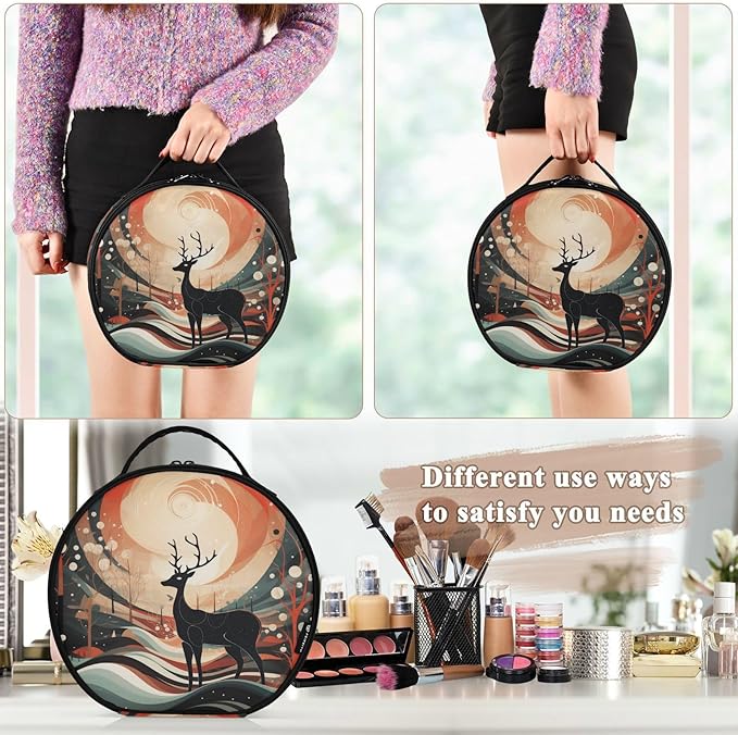 senya Round Cosmetic Pouch Travel Makeup Train Case Christmas Deer Makeup Organizer Bag with Adjustable Dividers Portable for Cosmetics Makeup Brushes Toiletry Jewelry Accessories