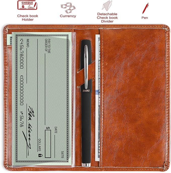 Sanlykate Leather Checkbook Cover for Men and Women, Check Book Case Card Holder with Free Divider, Standard Register Duplicate Checks with pen inserts